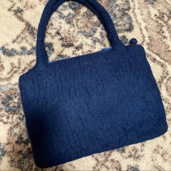 Rising Tide Blue Wool Shoulder Purse with Flower and Pompom Details - Picture 3 of 8